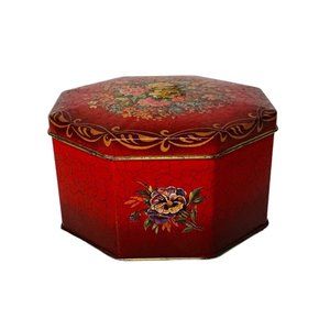VTG Octagon Tin Red Crackle Floral 4.5" England Cottagecore Dresser Box Storage